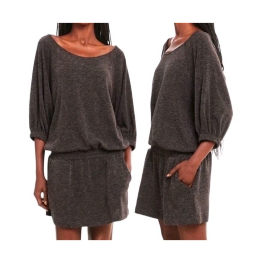 Amanda Uprichard Amaya Dress Medium Gray Jersey Knit Smocked Drop Waist Pockets